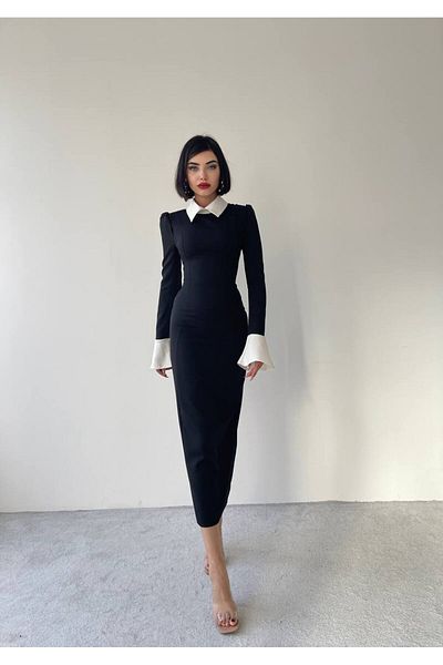 Afiş Butik Noul sezon Guler cămașă alb și negru Detaliu manșetă lată Lungime midi Rochie premium slim fit