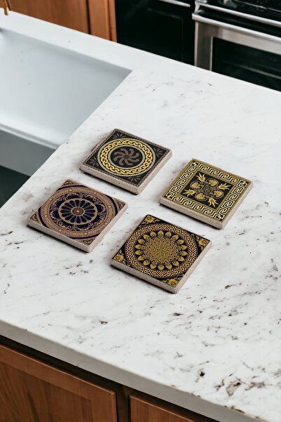 Baumatelier زخرفة اليونانية، مجموعة قواعد أكواب من الحجر الطبيعي بتصميم اليون...