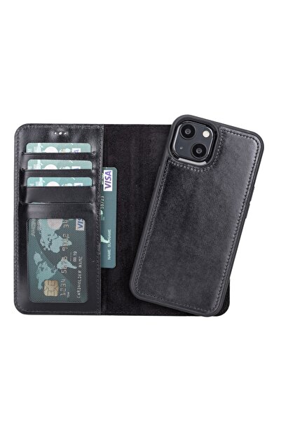 PLM Apple iPhone 13 Uyumlu Deri Cüzdanlı Kılıf RST1 Siyah