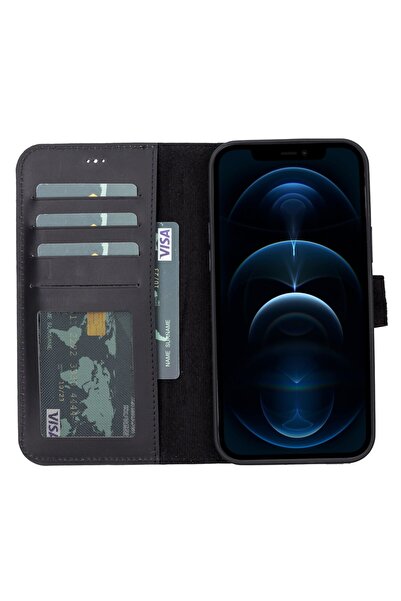 PLM Apple iPhone 13 Pro Uyumlu Deri Cüzdanlı Kılıf Liluri G1 Siyah