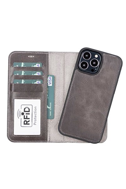 PLM Apple iPhone 13 Pro Max Uyumlu Deri Cüzdanlı Kılıf MWWN TN1 Gri