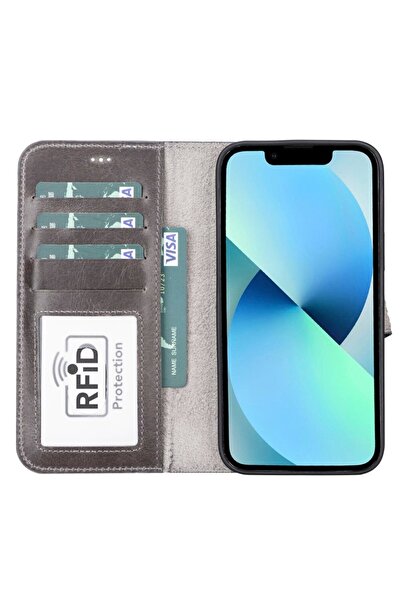 PLM Apple iPhone 13 Pro Max Uyumlu Deri Cüzdanlı Kılıf MWWN TN1 Gri