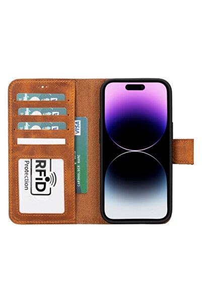 PLM Apple iPhone 15 Uyumlu Deri Cüzdanlı Kılıf MWWN G19 Taba