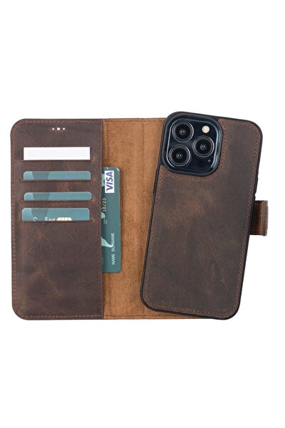 PLM Apple iPhone 13 Pro Uyumlu Deri Cüzdanlı Kılıf G6 Kahverengi
