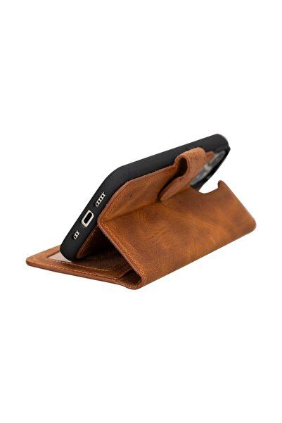 PLM Apple iPhone 15 Uyumlu Deri Cüzdanlı Kılıf MWWN G19 Taba