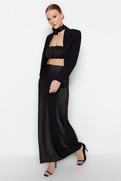 Trendyol Collection Saténová tkaná černá dlouhá sukně - TPRAW24ET00040