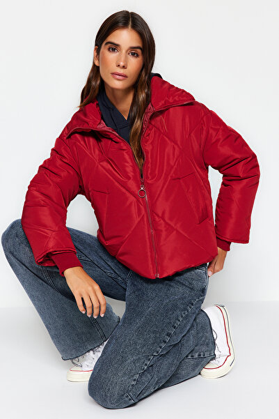 Trendyol Collection Claret Red Water Repellent Oversize Quilted Coat - Twoaw24Mo00146
