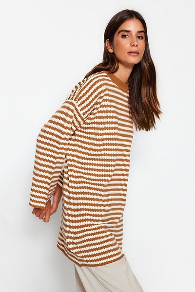 Trendyol Modest Camel Striped Knitwear Sweater TCTAW24AK00043