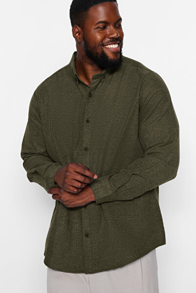 Trendyol Collection Πράσινο φανελένιο πουκάμισο μεγάλου μεγέθους - γιακά με κουμπί, κανονική εφαρμογή TMNAW24AX00000