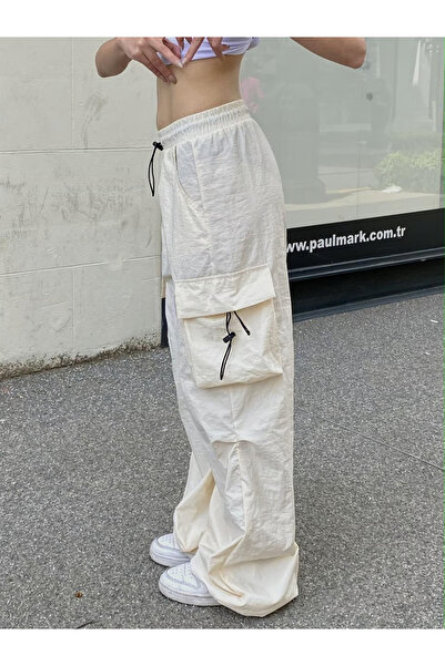 Toum Krem Tactical Paraşüt Kumaş Kargo Cepli Oversize Unisex Pantolon