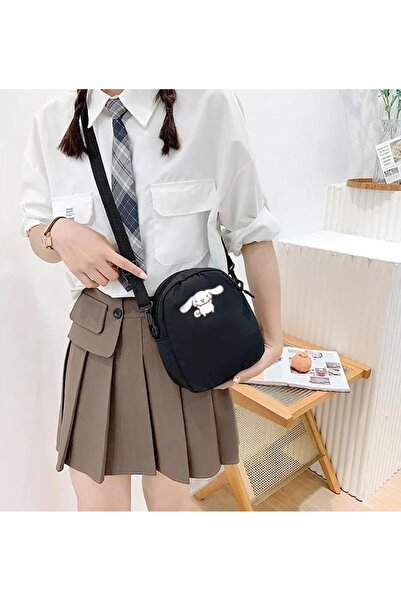 Toum Geantă de umăr neagră, unisex, cu fermoar, imprimată Cinnamoroll