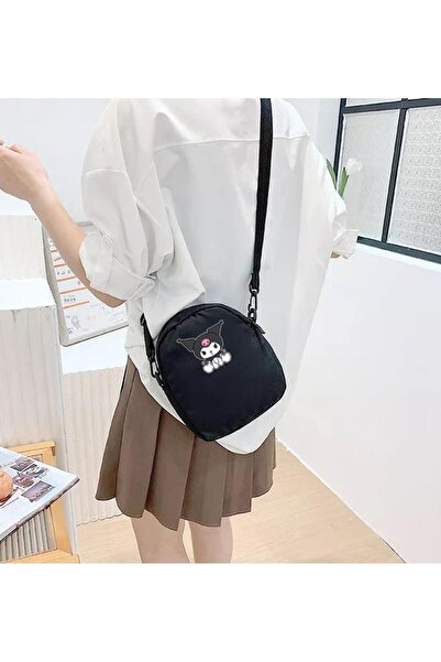 Toum Kuromi Sitting Baskılı Fermuarlı Unisex Kanvas Siyah Omuz Çantası