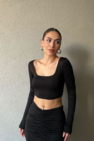 Seda Yalçın Atelier Black Long Sleeve Square Collar Crop and Gathered Skirt Set