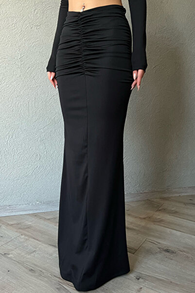 Seda Yalçın Atelier Black Long Sleeve Square Collar Crop and Gathered Skirt Set