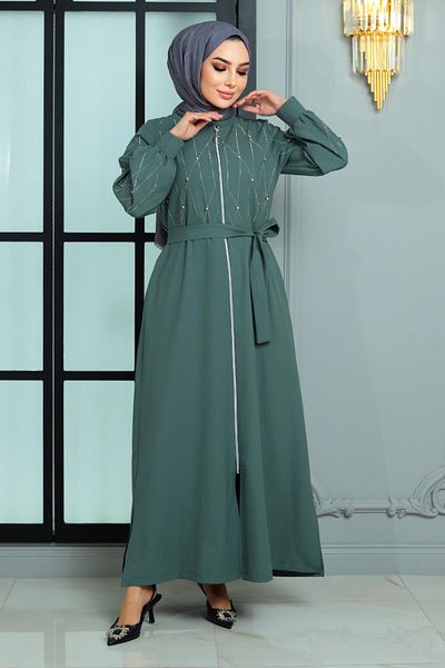 Modamihram Stone Detailed Abaya Mint 19161