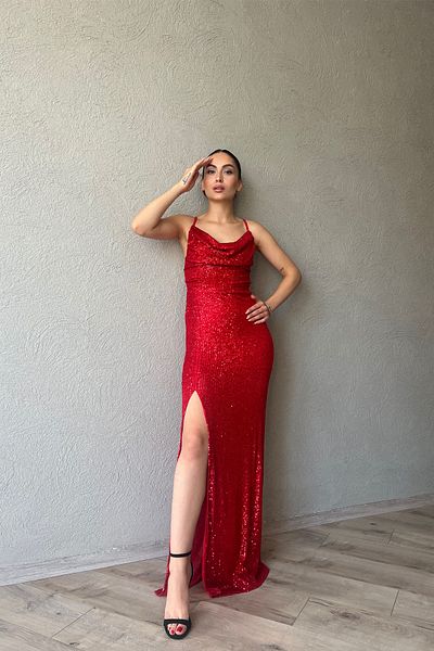 Seda Yalçın Atelier Red Strap Slit Detailed Backless Sequin Dress