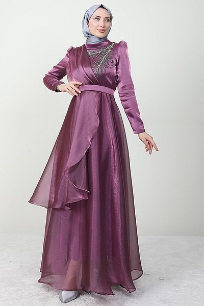 Giza Giyim Stoned Organza Evening Dress Lilac