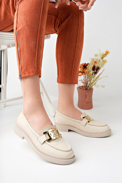 GNS Shoes Hakiki Deri Krem Tokalı Kadın Ayakkabısı Loafer