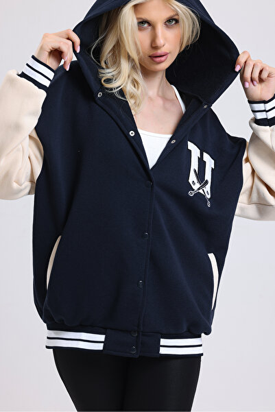 artofdress Kadın Siyah Complex Nakışlı Oversize Deri Kol Detaylı Kapüşonlu Ce...