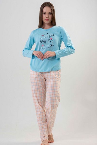 VİENETTA Set de pijamale din bumbac, albastru, cu mâneci lungi, cu gât rotund, cu tiv oval
