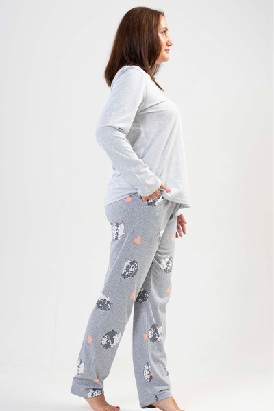VİENETTA Kadın Büyük Beden Gri Uzun Kollu Yuvarlak Yaka Cepli Oval Etek Pamuklu Pijama Takımı Tam Kalıp