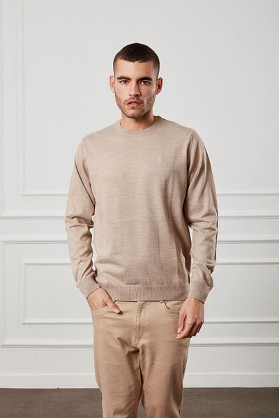 Diandor Men's O-Neck Wool Plain Knitwear Sweater Beige