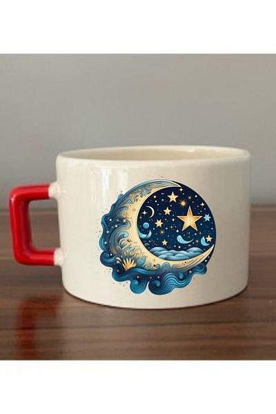 lili hediyelik Moon And Star Printed Cup with Red Handle Ceramic Mug - Ceramic Tea, Coffee Gift Cup