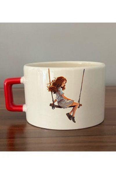 lili hediyelik Girl on the Swing Printed Cup with Red Handle Ceramic Mug - Ceramic Tea, Coffee Gift Cup