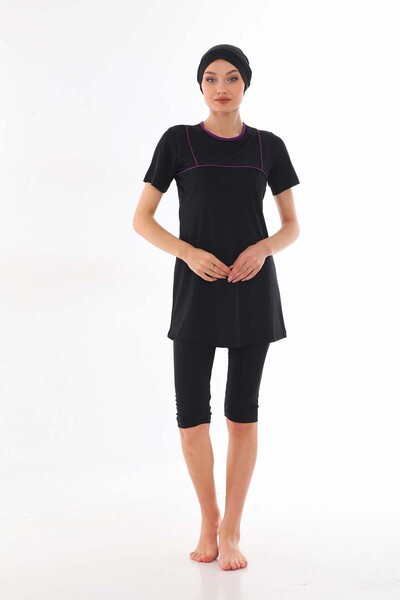 Bemol Mor Biyeli Likralı Yarı Kapalı Tesettür Mayo