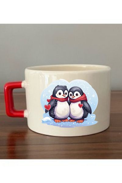 lili hediyelik Penguin Printed Cup with Red Handle Ceramic Mug - Ceramic Tea, Coffee Gift Cup