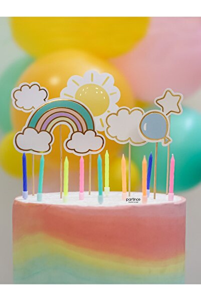 partince 2'li Set Gökkuşağı Tema Pasta Süsü Cake Topper Ve Klasik Pastel Renk...