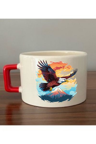 lili hediyelik Eagle Printed Cup with Red Handle Ceramic Mug - Ceramic Tea, Coffee Gift Cup
