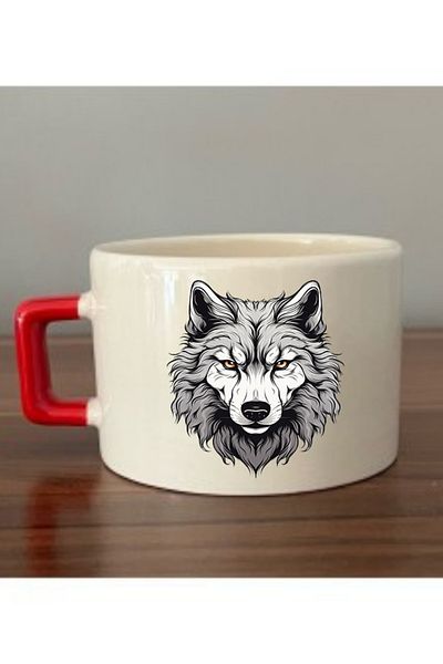 lili hediyelik Wolf Printed Red Handle Mug Cup Ceramic Mug - Ceramic Tea, Coffee Gift Cup