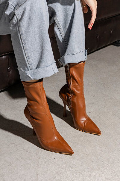 MYPOPPİSHOES Taba Streç 10 Cm Kadın Topuklu Ayakkabı Extrem