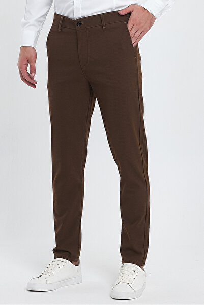 ukdwear Men's Brown Italian Cut Honeycomb Pattern Linen Trousers