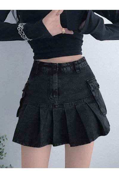 Köstebek Pleated Denim Fabric Jeans Skirt with Cargo Pockets