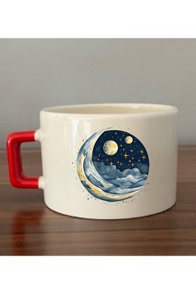 lili hediyelik Moon Printed Cup with Red Handle Ceramic Mug - Ceramic Tea, Coffee Gift Cup