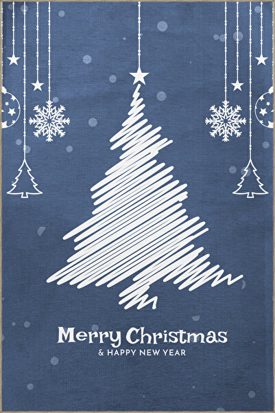 Rugs Modern Halı Blue New Year Themed Merry Christmas Written Mixed Tree Orna...
