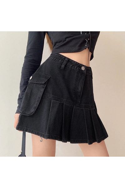 Köstebek Streetwear Korean Style Pleated Denim Skirt with Cargo Pockets