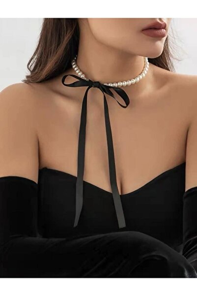 hbtasarim Cam İnci Siyah Kurdeleli Choker
