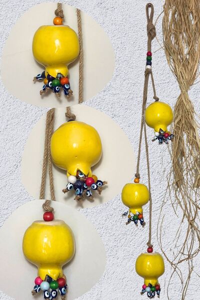 Art inside Seramik 3'lü Sarı Nar Figürü Nazar Boncukları Ile Süslenmiş Bolluk...