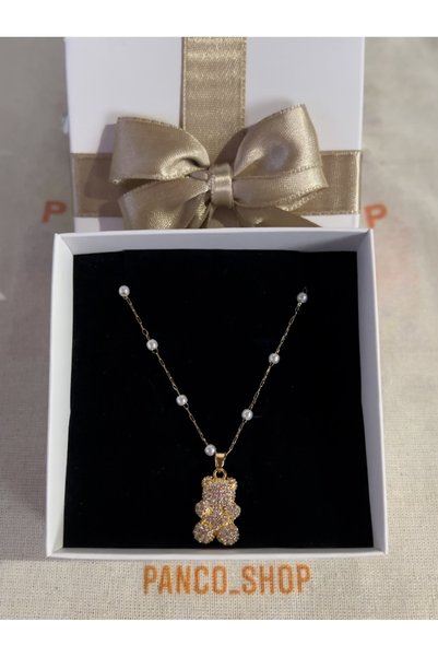 PANCO SHOP ACCESSORIES JEWELRY Altın kaplama zirkon taşlı kolye Kararmaz paslanmaz Çelik ayıcıklı kolye