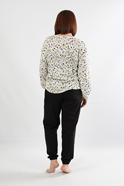 VİENETTA Жіночий великий розмір чорний довгий рукав круглий комір овальний спідниця бавовняний піжама комплект повний крій