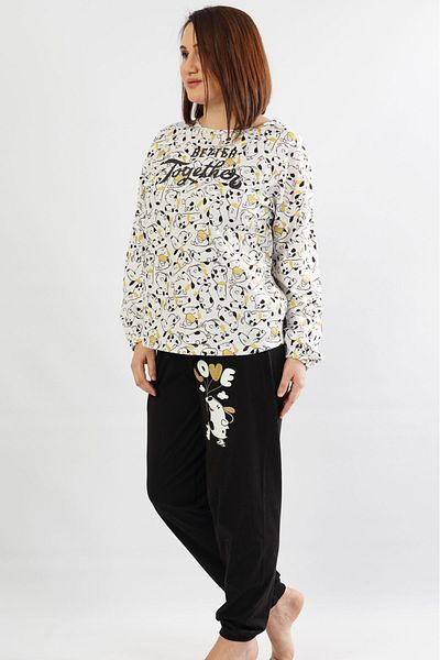 VİENETTA Set de pijamale din bumbac, negru, cu mâneci lungi, cu gât rotund, cu tiv oval, mărime mare