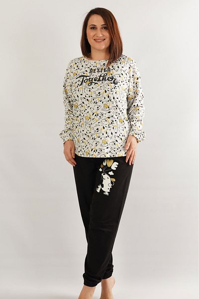 VİENETTA Set de pijamale din bumbac, negru, cu mâneci lungi, cu gât rotund, cu tiv oval, mărime mare