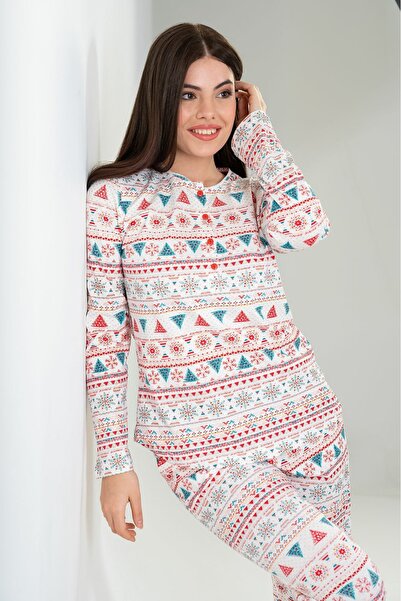 VİENETTA Set de pijamale din bumbac, cu mâneci lungi, cu jumătate de nasturi, cu gât rotund, cu tiv oval, roșu bej