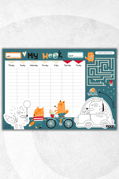 Ficksy مخطط أسبوعي - مقاس A4 - ثعلب لطيف - 30 ورقة - مخطط أسبوعي