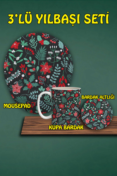 HobiShop Yılbaşı Temalı 3'lü Bilek Destekli Mousepad Kupa Ve Bardak Altlığı Seti