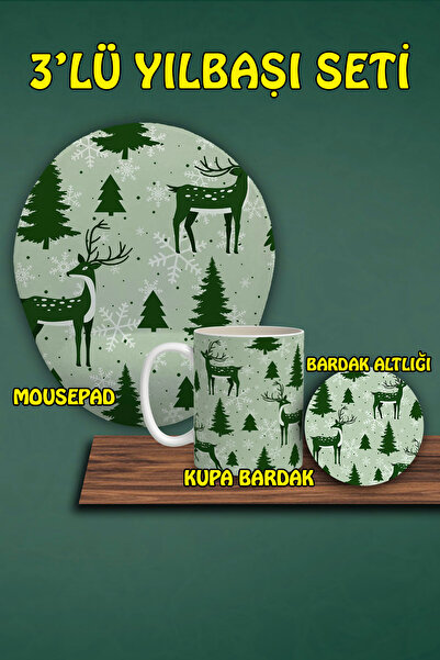 HobiShop Yılbaşı Temalı 3'lü Bilek Destekli Mousepad Kupa Ve Bardak Altlığı Seti