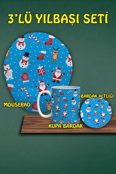 HobiShop Set de 3 căni și suporturi pentru mouse cu suport pentru încheietura mâinii cu tematică de Anul Nou